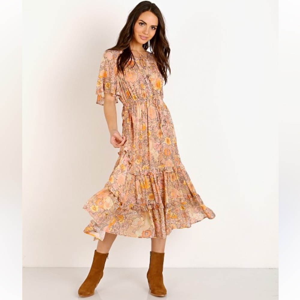 Spell & The Gypsy Amethyst Garden Party Blush‎ Tiered Floral Midi Dress- Size XS - Picture 2 of 10